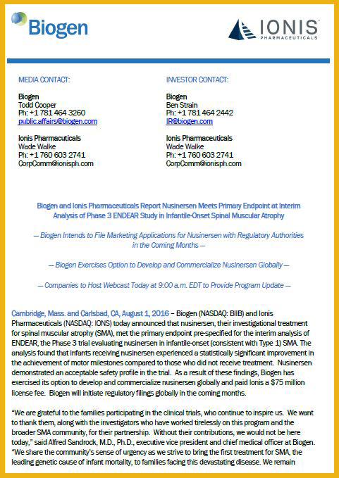 Biogen and Ionis Pharmaceuticals Report Nusinersen Meets Primary Endpoint at Interim Analysis of Phase 3 ENDEAR Study in Infantile-Onset Spinal Muscular Atrophy